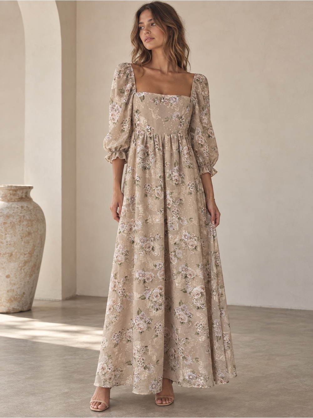Storia Floral Puff Sleeve Maxi Dress